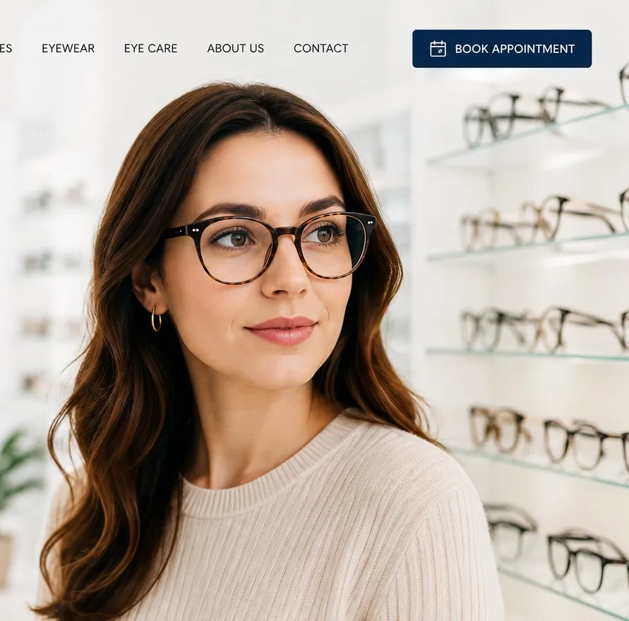 A woman trying on designer glasses at OPTIC